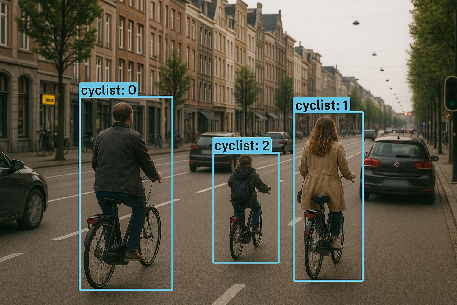 Fietsers en auto’s in een stadsstraat met historische gevels, door de camera herkend en omkaderd